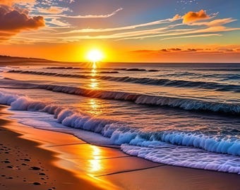 5D Diamond Painting Kit Sunset Beach Landscape, Full Drill Round Diamond Art for Adults Beginners, DIY Wall Decor Gift