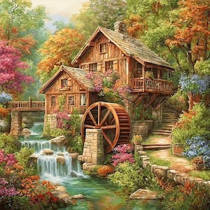 May include: A picturesque painting of a wooden watermill nestled in a vibrant, colorful landscape. The mill features a large water wheel, a flowing stream, and lush greenery with pink, orange, and green foliage. A bridge and stairs lead to the mill.