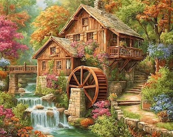 May include: A picturesque painting of a wooden watermill nestled in a vibrant, colorful landscape. The mill features a large water wheel, a flowing stream, and lush greenery with pink, orange, and green foliage. A bridge and stairs lead to the mill.