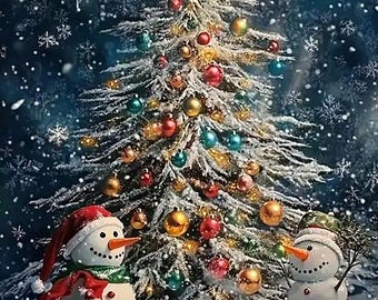 Christmas Tree Snowman Diamond Painting Kit, 5D DIY Round Drill Diamond Art, Christmas Wall Decor, Beginner Craft, 11.8x15.7 Inch