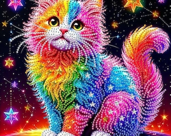 Colorful Cat Diamond Painting Kit, 11.8x11.8 Inch Special Shape 5D Gem Art for Adults, DIY Animal Wall Decor, Beginner Craft Gift