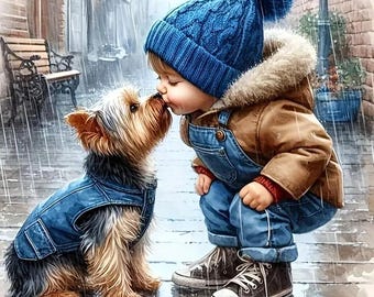 May include: A small child wearing a blue knit hat with a pom-pom, a tan jacket with a fur-lined hood, blue denim overalls, and dark sneakers, crouching to touch noses with a small Yorkshire Terrier wearing a blue denim vest in the rain.