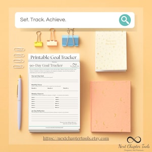 Puede incluir: Plantilla de seguimiento de objetivos imprimible de 90 días con un diseño en blanco y negro. El seguimiento incluye secciones para tu objetivo de 90 días, enfoque mensual, registro semanal y reflexión de 90 días. El texto "Set. Track. Achieve." está en la parte superior de la página. El texto "https://nextchaptertools.etsy.com" está en la parte inferior de la página.