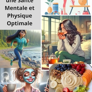 May include: An illustrated guide titled "Guide Pratique pour une Santé Mentale et Physique Optimale" with images of healthy lifestyle choices. Includes a woman exercising, a woman drinking tea, and a bowl of fruit.