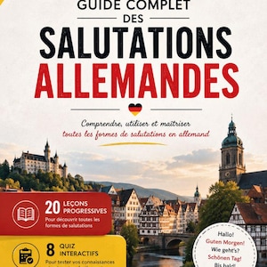 Peut inclure: Couverture de livre "GUIDE COMPLET DES SALUTATIONS ALLEMANDES" avec des salutations allemandes. Illustration d'une ville européenne et icônes pour leçons et quiz. Le livre vise à enseigner les salutations allemandes.