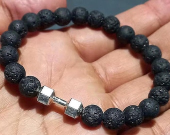 Men&#39;s black volcanic stone bracelet | Natural lava beads | Minimalist style energizing jewelry, hexagonal steel clasp