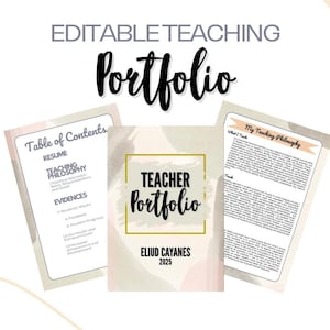 Könnte beinhalten: Ein Lehrerportfolio mit dem Titel "TEACHER portfolio" in einem goldenen Rahmen, dem Namen "ELIUD CAYANES 2025" sowie einem Inhaltsverzeichnis, Lebenslauf, Lehrphilosophie und Nachweisen. Die Worte "EDITABLE TEACHING Portfolio" stehen oben.