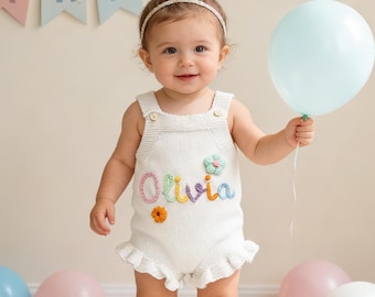 Mono con nombre personalizado para bebé, mono de algodón orgánico bordado, traje para primer cumpleaños, traje para aplastar pastel, mono de verano con volantes para niña.
