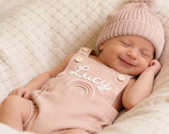 Pelele de lino bordado a mano para bebé, body personalizado con nombre, conjunto personalizado para bebé, conjuntos para el primer cumpleaños, regalo para baby shower