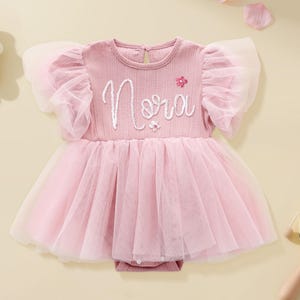 Hand Embroidered Baby Tutu Dress, Personalized Name Baby Girl Dress, Girls Smash Cake Outfit, 1st Birthday Romper Dress, Baby Girl Gift