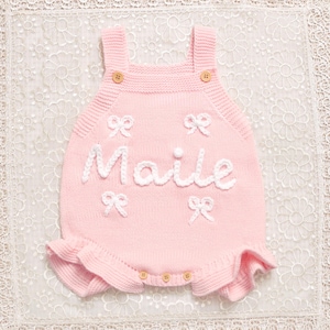 Personalized Baby Name Romper, Hand Embroidered Knit Baby Romper, Baby Summer Bodysuit, First Birthday Outfit, Custom Gift for Baby Girl