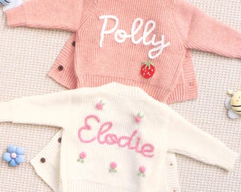 Personalised Name Knitted Baby Cardigan, Custom Floral Girls Cardigan, Baby Boy Cardigan Crochet, Embroidered Kids Jumper, Baby Shower Gift
