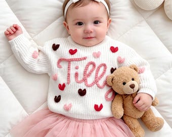 Hearts Embroidered Baby Sweater, Personalized Name Knit Sweater, Baby’s First Valentine Outfit, Custom Toddler Jumper, Valentine Gift