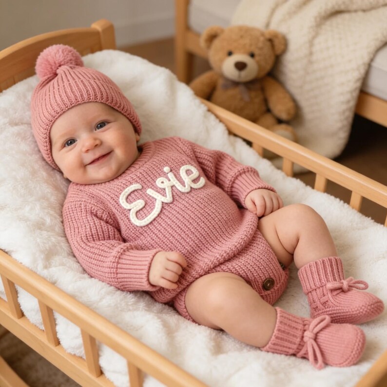 Custom Cotton Knit Baby Romper, Personalized Baby Name Romper, Going Home Outfit Sleeper, Newborn Announcement Outfit, Knit Onsie With Name image 11