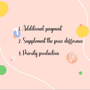 May include: A light peach-coloured graphic with white curved lines and colourful circles. The text reads: 1. Additional payment, 2. Supplement the price difference, 3. Priority production. The text is in a cursive font.