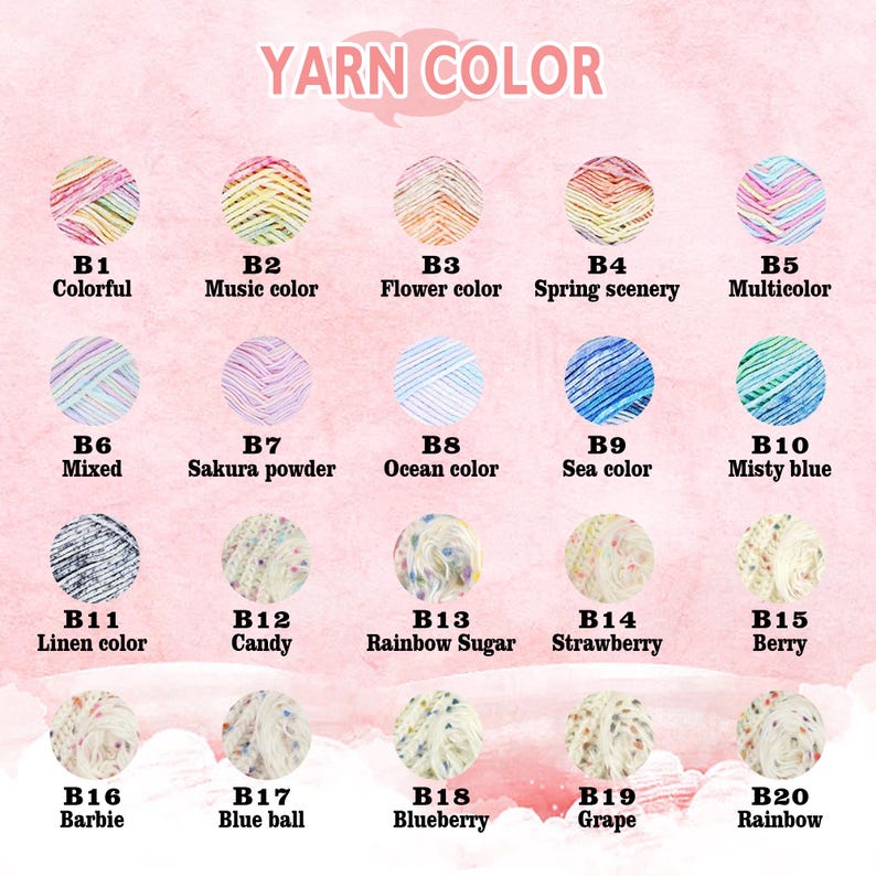 Op de afbeelding: Een kleurenkaart met garenbollen, elk gelabeld met een unieke naam en code. De garenkleuren omvatten een verscheidenheid aan tinten, zoals roze, blauw, groen en geel. De tekst "YARN COLOR" staat bovenaan.