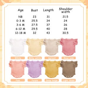 May include: A selection of baby rompers in various colors, including white, pink, and purple. The rompers have ruffled sleeves and are displayed with size and measurement information. The text on the image includes "Age", "Bust", "Length", and "Shoulder width".