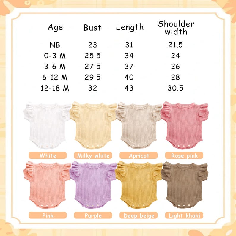 May include: A selection of baby rompers in various colors, including white, pink, and purple. The rompers have ruffled sleeves and are displayed with size and measurement information. The text on the image includes "Age", "Bust", "Length", and "Shoulder width".