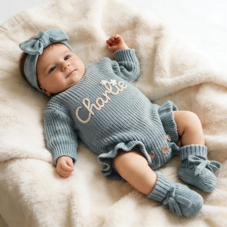 Custom Cotton Knit Baby Romper, Personalized Baby Name Romper, Going Home Outfit Sleeper, Newborn Announcement Outfit, Knit Onsie With Name image 5
