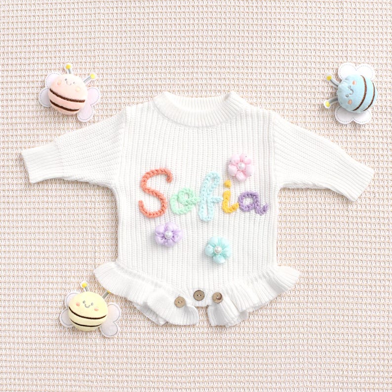 Custom Cotton Knit Baby Romper, Personalized Baby Name Romper, Going Home Outfit Sleeper, Newborn Announcement Outfit, Knit Onsie With Name image 7
