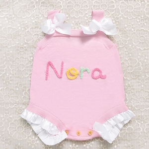 Cute Pink Baby Name Romper, Baby Girl Bubble Romper Ruffle, Bow Outfit for Baby Girl, Personalized Baby Romper, Baby Summer Outfit,Baby Gift