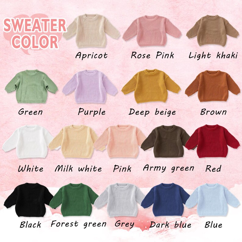 Op de afbeelding: Een collectie kindertruien in diverse kleuren: abrikoos, roze, licht khaki, groen, paars, diep beige, bruin, wit, melkwit, roze, legergroen, rood, zwart, bosgroen, grijs, donkerblauw en blauw. Tekst: "SWEATER COLOR".