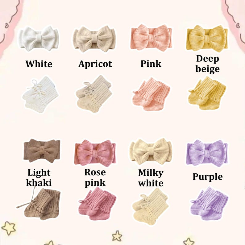 May include: A collection of baby headbands and socks in various colors, including white, apricot, pink, deep beige, light khaki, rose pink, milky white, and purple. Each headband features a large bow. The socks are knitted.