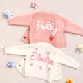 Personalised Name Knitted Baby Cardigan, Custom Floral Girls Cardigan, Baby Boy Cardigan Crochet, Embroidered Kids Jumper, Baby Shower Gift