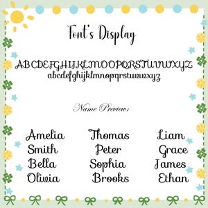 May include: A decorative card displaying a cursive font with the text "Font's Display" and sample alphabets. Below, "Name Preview" is followed by a list of names. The card is decorated with lemons, clovers, and bows in a pastel colour scheme.