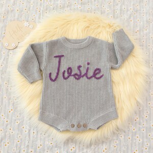 Custom Cotton Knit Baby Romper, Personalized Baby Name Romper, Going Home Outfit Sleeper, Newborn Announcement Outfit, Knit Onsie With Name image 2