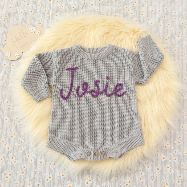 Custom Cotton Knit Baby Romper, Personalized Baby Name Romper, Going Home Outfit Sleeper, Newborn Announcement Outfit, Knit Onsie With Name image 2