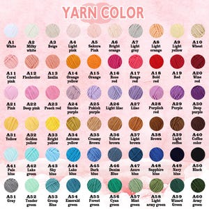 Peut inclure: Un nuancier de fils &agrave; tricoter, pr&eacute;sentant une vari&eacute;t&eacute; de couleurs, du blanc au noir. Le tableau est intitul&eacute; "YARN COLOR" et comprend des nuances comme le rose, l'orange, le jaune, le bleu et le vert, chacune avec un code.