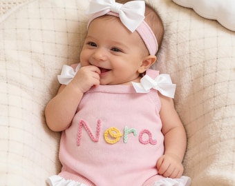 Mono rosa para recién nacido, mono personalizado para niña, mono de algodón bordado, trajes para primer cumpleaños, mono de bebé con nombre personalizado