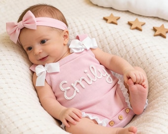Pelele personalizado para niña con lazo, mono bordado, body de algodón personalizado, atuendo rosa para bebé, regalo de verano, regalo para bebé