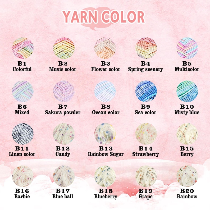May include: A colour chart of yarn skeins, each labelled with a unique name and code. The yarn colours include a variety of hues, such as pink, blue, green, and yellow. The text "YARN COLOR" is at the top.