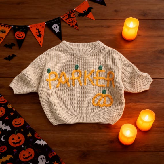 Personalised Halloween Baby Sweater, Embroidered Pumpkin Sweater, Toddler Boo Sweater, Ghost Spooky Bat Sweater, My First Halloween Outfit