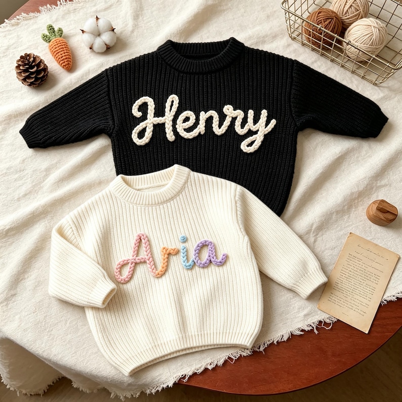 May include: A black long-sleeve sweater with the name Henry in white yarn lettering and a cream long-sleeve sweater with the name Aria in multicolored yarn lettering. Both sweaters feature a ribbed knit texture and a crew neckline design.