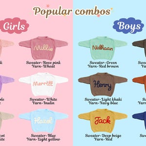 May include: A collection of twelve long-sleeved sweaters displayed in a grid, divided into Girls and Boys categories. Each sweater features a unique color and a custom embroidered name in a contrasting yarn color, with text labels identifying the specific sweater and yarn color combinations for each item.