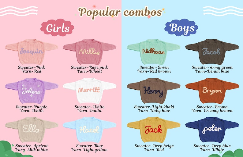May include: A collection of twelve long-sleeved sweaters displayed in a grid, divided into Girls and Boys categories. Each sweater features a unique color and a custom embroidered name in a contrasting yarn color, with text labels identifying the specific sweater and yarn color combinations for each item.