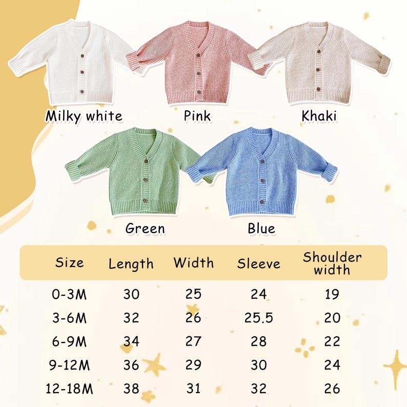Peut inclure: Cinq cardigans pour b&eacute;b&eacute;s en blanc laiteux, rose, kaki, vert et bleu. Chacun a un col en V, une fermeture boutonn&eacute;e et une texture en tricot c&ocirc;tel&eacute;. Un tableau des tailles fournit des mesures en cm.