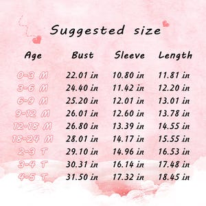 Op de afbeelding: Een roze tabel met de titel "Aanbevolen maat" met leeftijden van 0-3 maanden tot 4-5 jaar. De maten zijn in inches voor borst, mouw en lengte, met de grootste borstomvang van 80.01 cm.