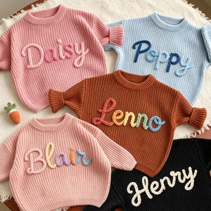May include: Five long-sleeved knit sweaters in pink, light blue, brown, and black. Each sweater features a name embroidered in raised, chunky yarn lettering on the front. The names include Daisy, Poppy, Lenno, Blair, and Henry. A small carrot toy is included.