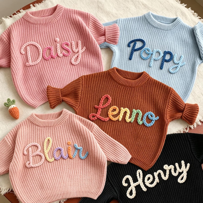May include: Five long-sleeved knit sweaters in pink, light blue, brown, and black. Each sweater features a name embroidered in raised, chunky yarn lettering on the front. The names include Daisy, Poppy, Lenno, Blair, and Henry. A small carrot toy is included.
