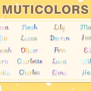Peut inclure: Un fond jaune avec le mot "MUTICOLORS" en marron. L'image affiche une grille de noms de diff&eacute;rentes couleurs, dont Emma, Noah, Lily, Matteo, Sofia, Lucas, Darren, Jasper, Hannah, Oliver, Finn, Elias, Clara, Charlotte, Luna, Wilson, Camila, Charles, Elena et Hector.