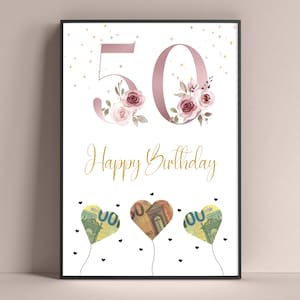 Regalo en efectivo para un 50 cumpleaños | Descarga de regalos de cumpleaños | Idea de regalo creativa | Póster imprimible para un cumpleaños importante