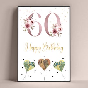 Regalo en efectivo para un 60 cumpleaños | Descarga de regalos de cumpleaños | Idea de regalo creativa | Póster imprimible para un cumpleaños importante
