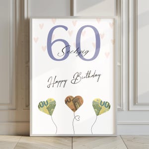 Regalo en efectivo para un 60 cumpleaños | Descarga instantánea de PDF | Idea de regalo creativa | Póster de regalo para un cumpleaños importante | A4