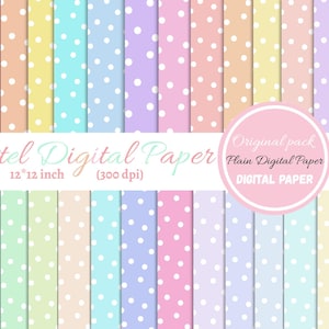 May include: A collection of pastel digital papers with white polka dots. The papers are in various colors, including pink, orange, yellow, blue, purple, and green. The text on the image reads "Pastel Digital Paper" and "12 * 12 inch (300 dpi)".