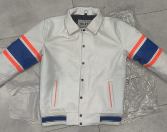Handmade White Leather Bomber Jacket with Blue  Orange Stripes – Wleti Unisex Outerwear