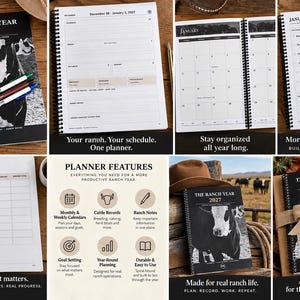 May include: A spiral-bound 2027 ranch business planner featuring a black and white cow on the cover, with interior pages for weekly schedules, monthly calendars, cattle records, and annual herd totals, presented with pens and a gift-wrapped option.